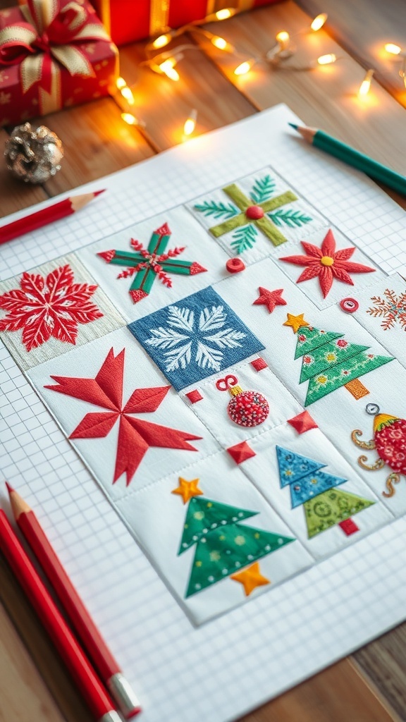 Festive Christmas Quilt Drawing Guide A detailed Christmas quilt drawing on graph paper with colorful festive designs.